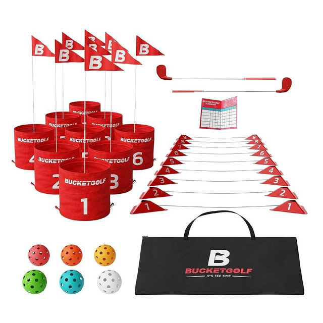 bucketgolf 9 Hole Bundle - Outdoor Golf Game for All Ages. Adults, Kids, Family. Play Anywhere - Yards, Beach, Park, Backyard. Includes 2 Clubs (1 RH + 1 LH)
