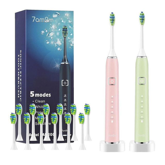 7AM2M Electric Toothbrush 2 Pack Set for Kids and Adults, 12 Brush Heads,5 Adjustable Modes, Built-in 2-Minute Smart Timer, Wireless Fast Charge for 60 Days,IPX7Waterproof SonicToothbrush(Green+Pink)