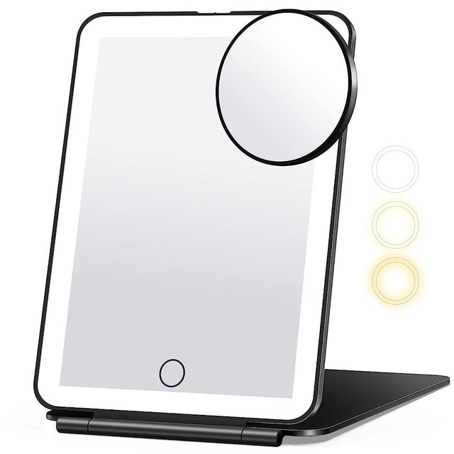 Travel Makeup Mirror with 10X Magnifying Mirror, Vanity Mirror with 80LEDs, 3 Color Lighting, Rechargeable 2000mAh Batteries, Portable Ultra Slim Lighted Makeup Mirror, Gift for Women (Black)