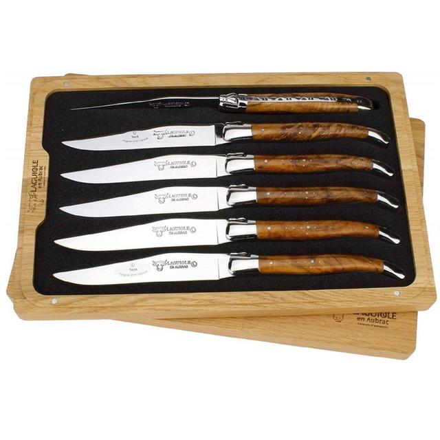 Laguiole en Aubrac 6-Piece Steak Knife Set with Teak Burl Wood Handles