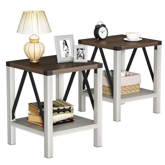 Treocho Farmhouse End Table Set of 2, Rustic Vintage Nightstand Side Table with Shelf for Living Room, Bedroom, Antique White & Brown