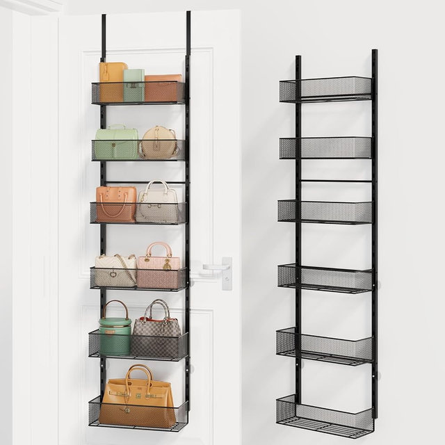 SWTYMIKI Over The Door Purse Organizer - Wall Mounted Purse Rack with 6 Adjustable Metal Basket, Hanging Bag Rack for Handbag Organizer, Bag Storage Can Use As 1/2 Part, for Door, Closet