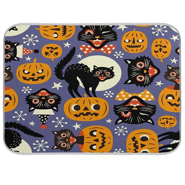 Microfiber Coffee Maker mat XL Size 18 x 24 Absorbent Dish Drying Mats Spooky Cats And Halloween Pumpkins Kitchen Dishes Drainer Mat for Countertop