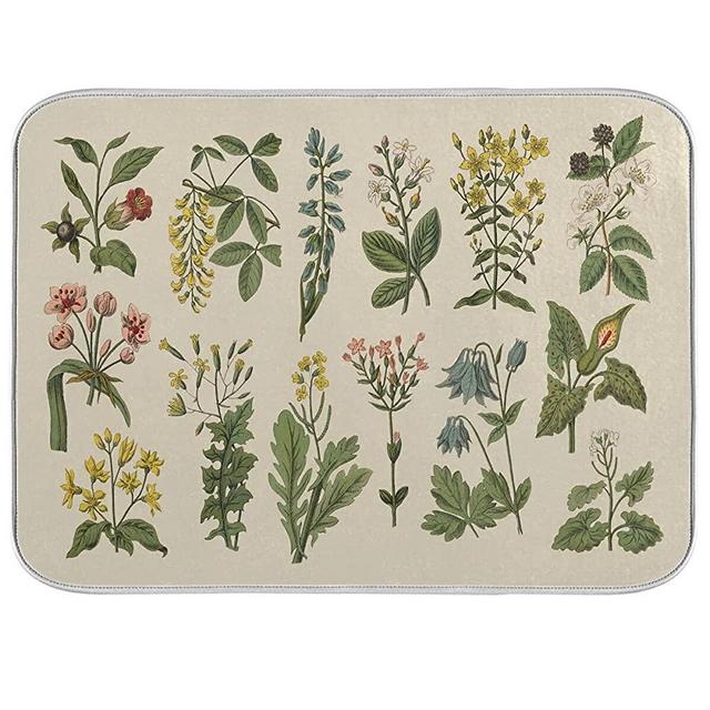 Flower Herbs Dish Drying Mat for Kitchen Counter Decor 18x24 Inch Absorbent Reversible Wild Plant Dish Mat Microfiber Drying Pad Sage Leaves Dish Drainer Rack Mats for Coffee Bar