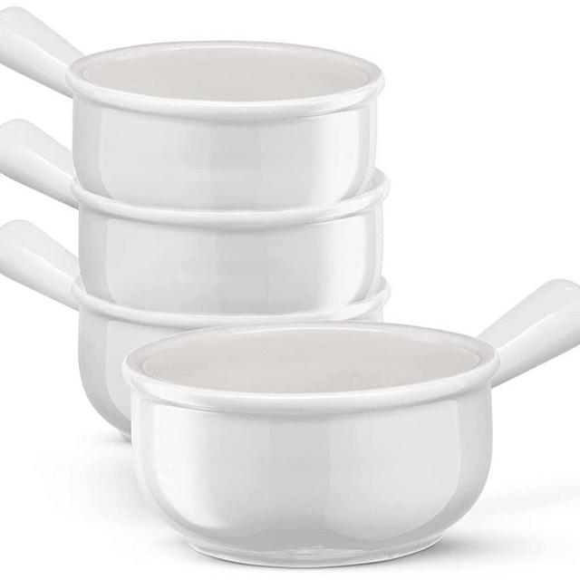 Kook French Onion Soup Crocks, Ceramic Bowls, Microwave, Dishwasher Safe & Oven safe, with Easy to Grip Handle, Stoneware, For Chili & Stew 18 oz, Set of 4, (White)