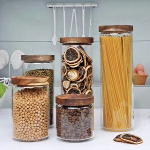 Glass Canisters With Wooden Lids Kitchen Jars for Storage,Tea,Sugar and Coffee Container Set,Set of 5 Canisters for Candy, Cookie, Rice and Spice Jars