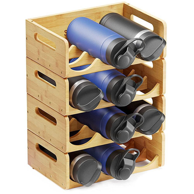 SpaceAid Bamboo Water Bottle Organizer with Labels, Kitchen Pantry Water Bottle Storage Rack for Cabinets, Home Cup and Wine Bottle Holder Shelf Organizers, 4 Pack 3-Slot, Hold 12 Bottles