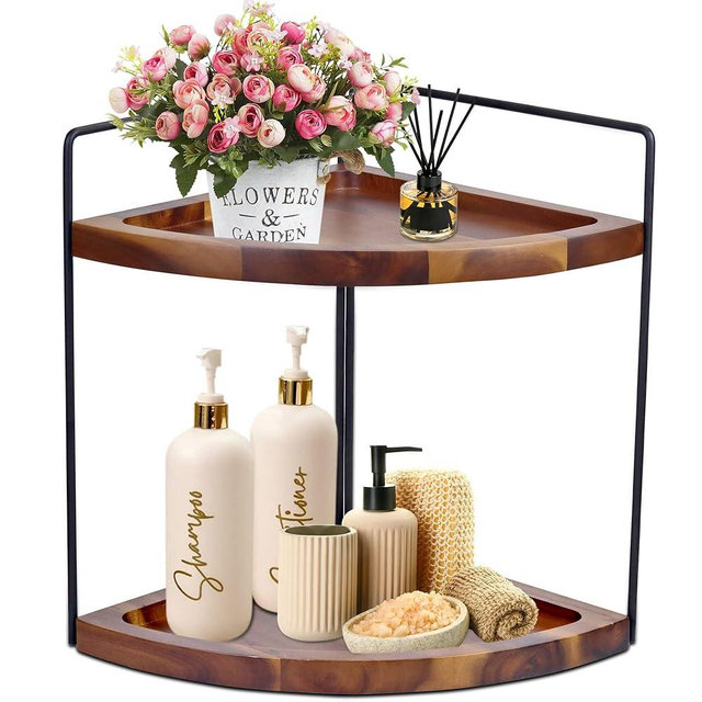 Demigo Bathroom Counter Organizer, 2 Tier Acacia Wood Bathroom Organizer Countertop, Corner Storage Shelf Counter Standing Rack, Cosmetic Vanity Tray Kitchen Spice Rack, Bathroom Storage Decor
