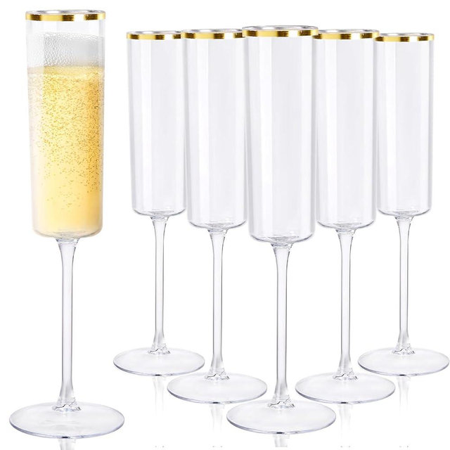 Ciaell 24 Pack Plastic Champagne Flutes - 6Oz Gold Rim Clear Disposable Champagne Glasses - Square Plastic Toasting Glasses for Christmas Party Birthday Anniversary Wedding New Year 2025