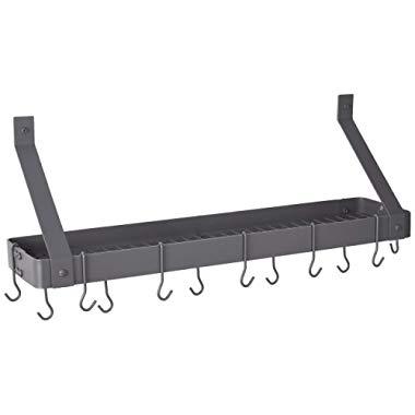 Old Dutch Wall-Mount Bookshelf Pot Rack with Grid & 12 Hooks, Graphite, 36.25" x 9" x 11.5"