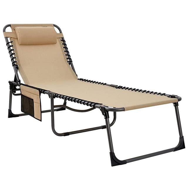 KingCamp Chaise Lounge Chair with Removable Pillow 3-Position Adjustable Reclining Chair Folding Patio Recliner for Camping Pool Beach Outdoor, Supports 300lbs, Textilene-Beige