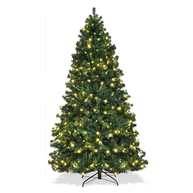 6ft Pre-Lit Artificial Christmas Tree with Warm White Lights & Sturdy Metal Stand Realistic Green Spruce Xmas Tree Holiday Christmas Pine Tree for Home, Office and Xmas Party Decoration, Easy Assembly