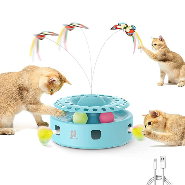 Potaroma Cat Toys 3-in-1 Smart Interactive Electronic Kitten Toy, Fluttering Butterfly, Random Moving Ambush Feather, Catnip Bell Track Balls, Dual Power Supplies, Indoor Exercise Cat Kicker (Blue)