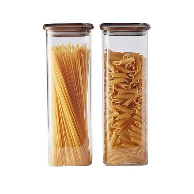 Essos Square Glass Jars with Wood Lids Set of (2) 98 fl oz Airtight and Stackable Storage Containers for Kitchen Pantry Wooden Lid BPA Free and Recyclable Canister for Food Cookies Coffee Pasta Sugar