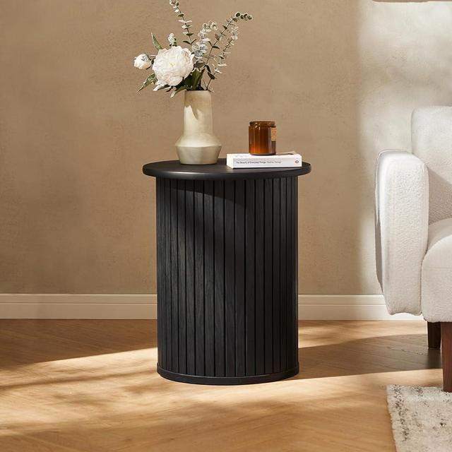 mopio Quin Pedestal Side Table, Tambour Round Fluted End Table, Small Accent Table for Living Room, Mid Century Modern Night Stand, Circle Bedside Table, Wood Nightstands for Bedroom (Black)