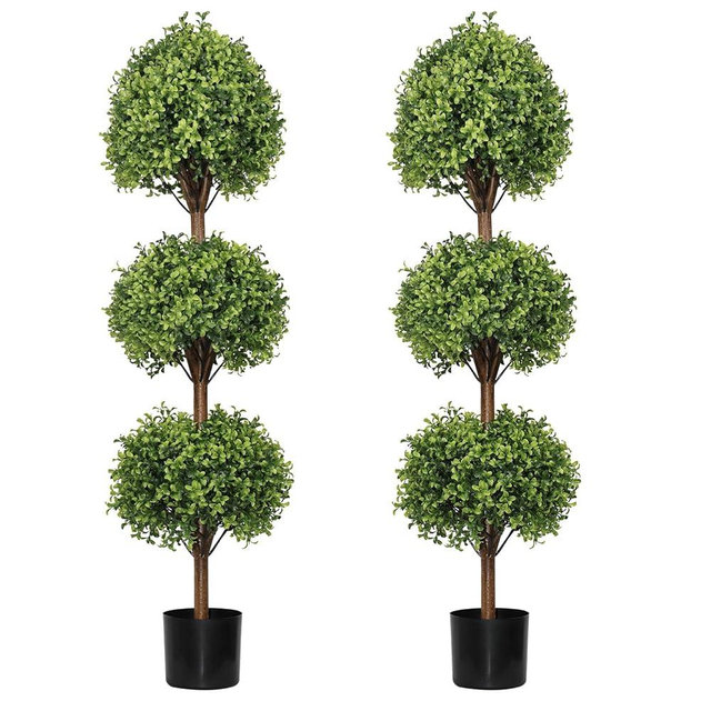 THE BLOOM TIMES 55" Tall Artificial Boxwood Triple Ball Topiary Trees, UV Resistant Large Fake Potted Plants for Outdoor Planter, Realistic Faux Bushes Shrubs for Front Porch Outside Decor Set of 2
