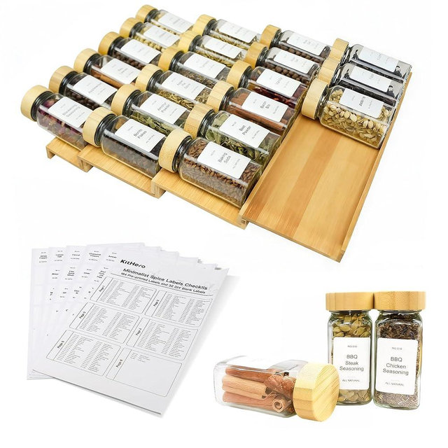 KitHero Spice Drawer Organizer with 24 Bamboo-lidded Spice Jars,216 Labels,25 Non-slip Rubber, Bamboo 4 Tier Seasoning Rack Tray Insert for Kitchen Drawers,Cabinets,Countertop,11" Wide x 15.8" Deep