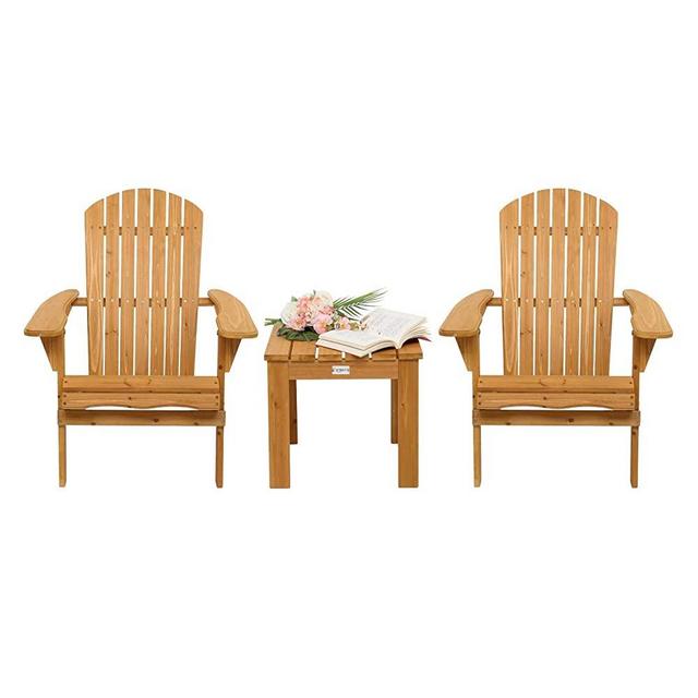 VINGLI Wooden Adirondack Chair and Table Set, Ergonomic Design, Folding Outdoor Patio Lounger Armchair Furniture w/Natural Finish, for Beach, Poolside, Balcony
