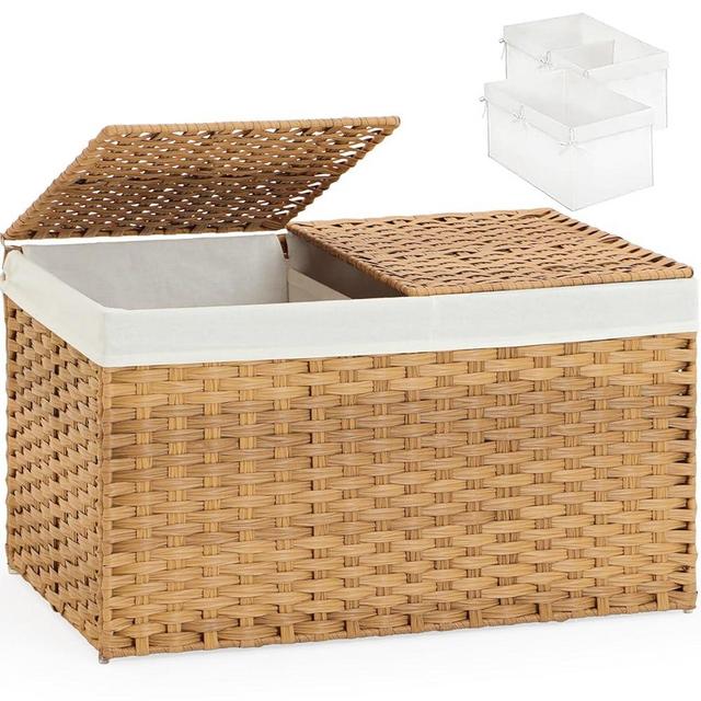 SETVSON Storage Basket with Lid Rattan Woven Storage Baskets with 2 Separate Lids, 17.2 Gallon (65 L), 22 x 13 x 13.8 Inches,Foldable, 2 Removable Liner Bags Handles for Bedroom, Laundry Room Natural