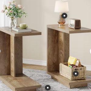 Calvin 23.6'' Brown Narrow Rectangle Wood MDF C-Shaped Sofa Side End Table Set of 2 Pedestal Bedside Nightstand 2-Piece