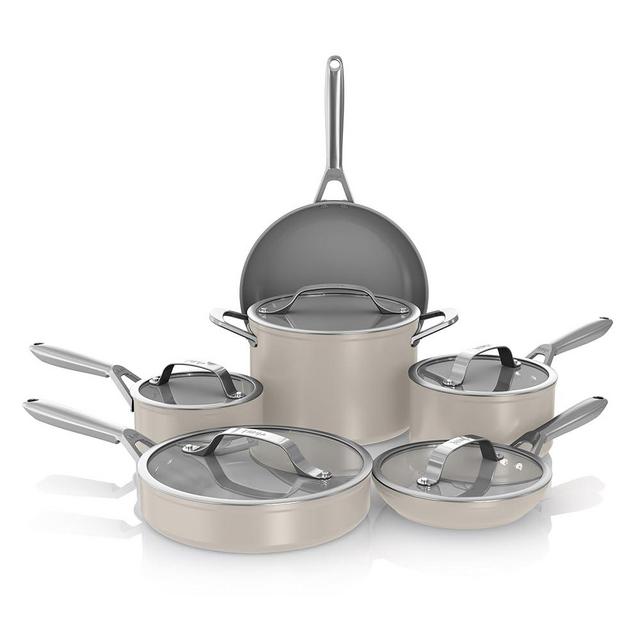 Ninja NeverStick Ceramic Pro 11-Piece Cookware Set, Non-Stick Pots and Pans, Glass Lids, Ceramic Coated, Stainless Steel, Stove to Oven Safe, All Stovetops, Induction Compatible, Stone, CW39011ST