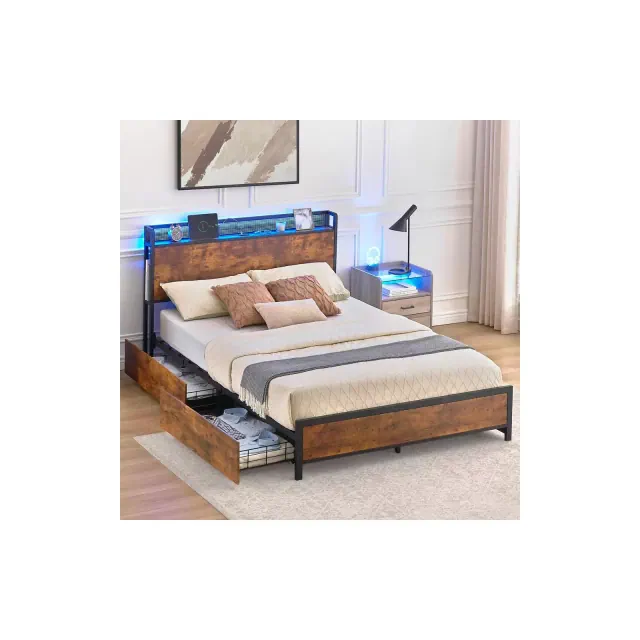 Full Size Bed Frame with Storage Drawers and Charging Station, LED Light Bed Frame with Storage Headboard, Platform Bed with Strong Wood Slats Support