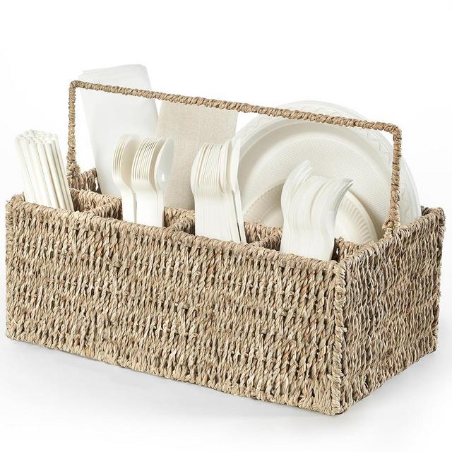 Hand-Woven Large Wicker Utensil Caddy, Silverware Caddy for Party, Outdoor Silverware Caddy, Cutlery Holder, Utensil Holder for Party, Napkin and Utensil Holder, Outdoor Utensil Caddy (Seagrass)