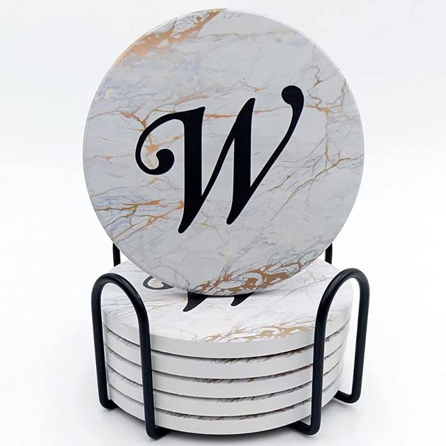 Monogrammed Coasters for Drinks Absorbents with Holder, Set of 6 Ceramic Marble Style Drink Coaster with Cork Base ,Personalized Coasters Customizable with Name , Initial Letter W
