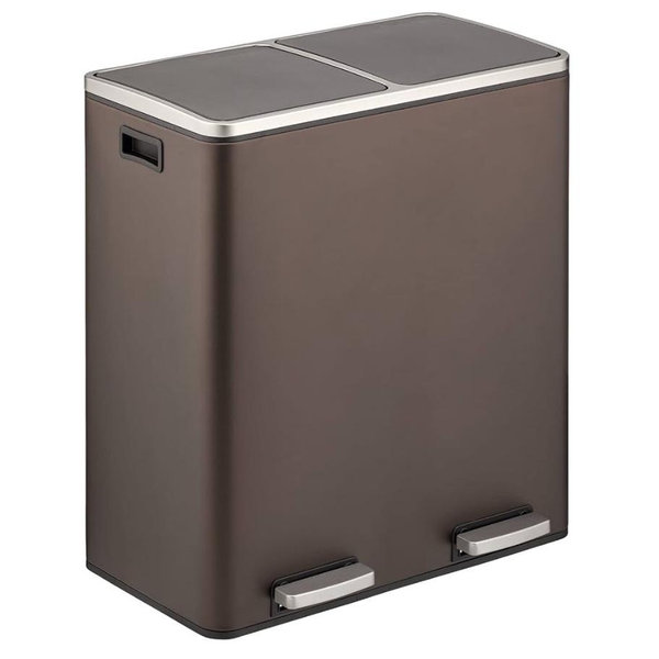 mDesign Metal Steel 16 Gallon/60-Liter, Large Dual Compartment Step Trash Can; Double Bin Trash Can/Recycler Combo for Kitchen; Holds Garbage, Recycling; Features Two Removable Liner Buckets - Bronze
