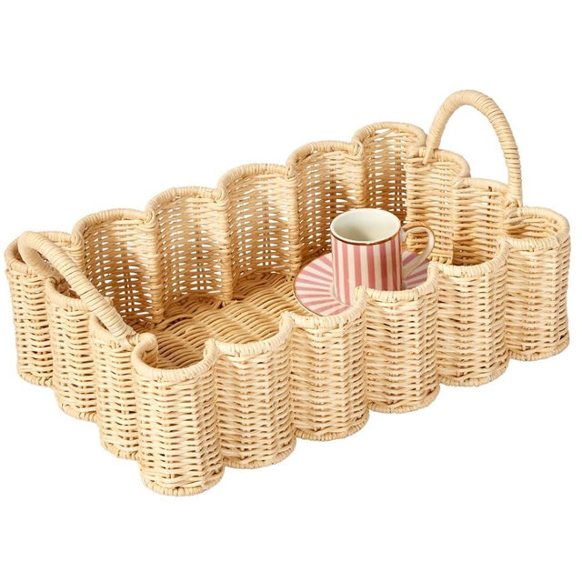 BEBE BASK Premium Wavy Scalloped Rattan Tray - Small Hand-Woven Scallop Wicker Tray - 19 x 9 x 6.5 in - Scalloped Basket - Scallop Basket