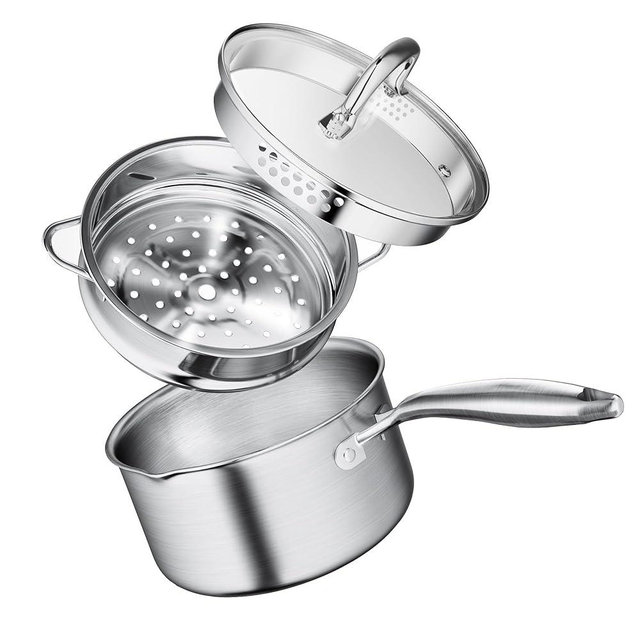 Leetaltree 3.5 Quart Stainless Steel Saucepan with Steamer Basket, Tri-ply Construction, Versatile Sauce Pan with Double-sized Drainage Lid - Perfect for Cooking Gravies, Pasta, Vegetable and More