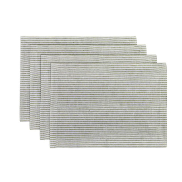Solino Home Cloth Placemats Set of 4 - Narrow Stripe 100% Pure Linen Avocado and White Farmhouse Placemats 14 x 19 Inch for Summer