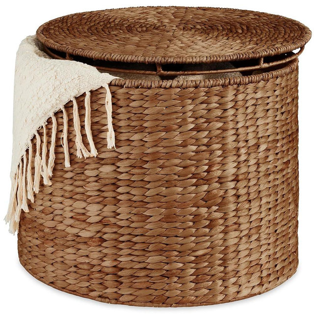 Best Choice Products Large Round Storage Ottoman W/Lid, Handwoven Water Hyacinth Footstool, Accent Stool, Side Table, Storage Container, Plant Stand For Living Room, Office, or Bedroom - Chestnut