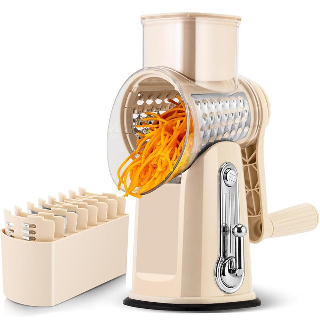 SUSTEAS Rotary Cheese Grater with Handle - Vegetable Shredder with 5 Well-designed Blades & Strong Suction Base,Round Mandoline Slicer & Food Chopper for Kitchen,with Blade Storage Box(Beige)