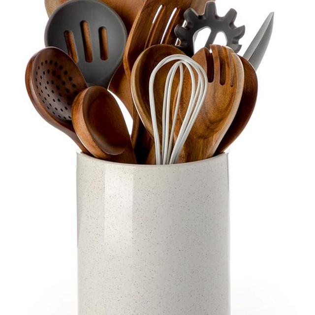 Nucookery Utensil Holder, 6.4" Ceramic Kitchen Utensil Holder with Countertop-Protection Cork Bottom, Farmhouse Kitchen Decor for Counter (Sand)