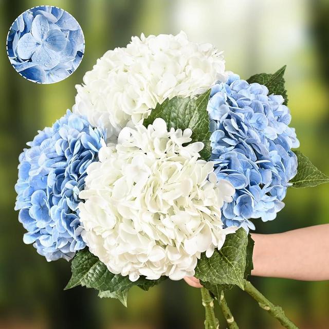 Waipfaru 4Pcs Real Touch Hydrangea Artificial Flowers, Blue & White Fake Hydrangea Flowers, 21" Lifelike Latex Faux Hydrangea Flowers for Wedding Bouquet Home Decor Centerpieces