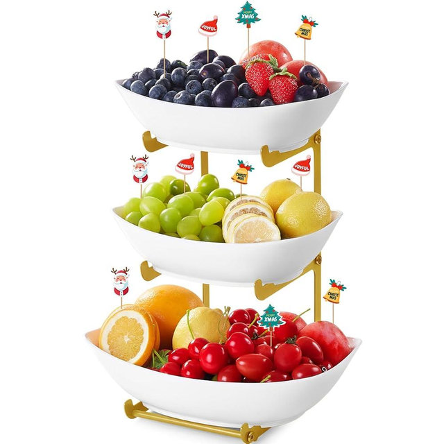 Lifewit Plastic Fruit Bowl Basket for Kitchen Countertop, 3 Tier Fruit Holder with Gold Metal Stand, Serving Tray for Food, Vegetable, Cake, Dessert in Party