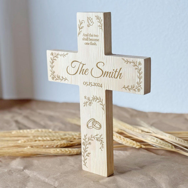 Personalized Wedding Gift - Wooden Cross for Wall, Table - And the Two Shall Become One Flash - Scripture Wall Decor Custom Engraved Cross