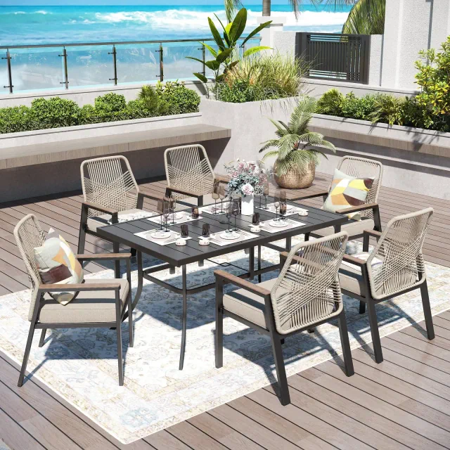 Captiva Designs 7pc Patio Dining Rectangular Slat-top Steel Table with Umbrella Hole & Beige Rattan Fixed Chairs