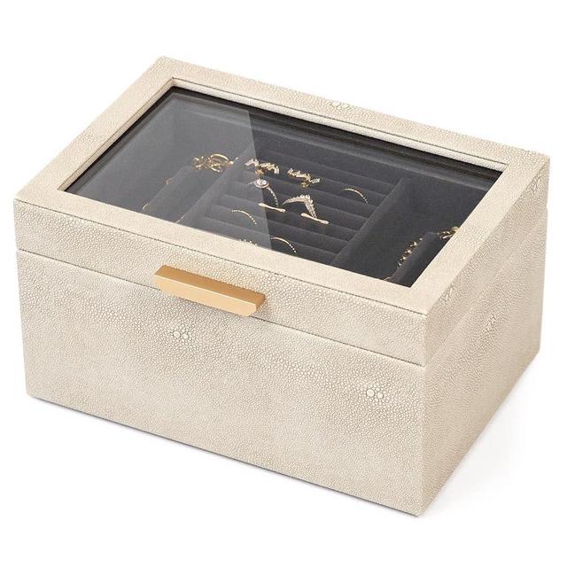CASE ELEGANCE Petite 3 Tier Jewelry Box, Storage & Display Case for Bracelets Earrings Rings Necklaces, Accessory Organizer for Women Girls Wife, Shagreen Vegan Leather & Velvet Lined, Brass Hardware