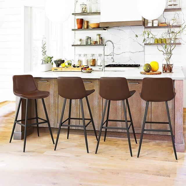 Cozyman Indoor/Outdoor Industrial Faux Leather Barstool with Back and Metal Leg,Set of 4,Armless Chairs for High Table Kitchen Island Pub Living Room,30",Dark Brown