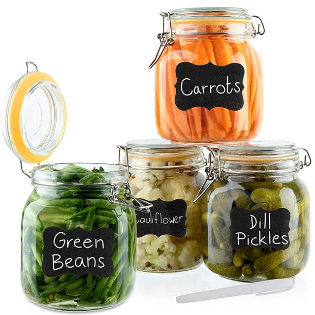 Glass Jars with Airtight Lid | Glass Airtight Food Storage Containers | Clear Leak Proof Rubber Gasket and Clamp Lid [Set of 4 - 33 oz]