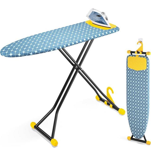 KINGBOARD Ironing Board, Compact Iron Board with Silicon Iron Mat, Heat Resistant Cover, 7 Height Adjustable, Foldable Ironing Board Wall Mount Hanger, 13x43 Yellow