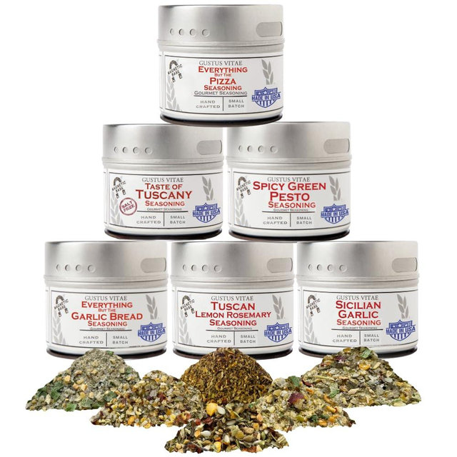Italian Seasoning Gift Set | Tastes of Italy | Artisanal Spice Blends Six Pack | Non GMO, All Natural | No MSG, Gluten, Soy, Nuts | Small Batch, Hand Made Seasonings | No Artificial Ingredients, Ultra Premium | Made in USA | GLP-1 Friendly | Magnetic Tins | Gustus Vitae | All Occasion Gift
