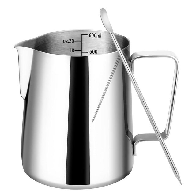 Amrules Milk Frothing Pitcher, 20oz Milk Frother Cup with Clear Scale, 304 Stainless Steel Cappuccino Espresso Machine Accessories for Barista Coffee Bar with Latte Art Pen, Silver