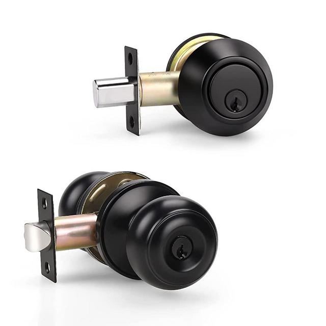 KNOBWELL 1 Pack Entry Door Knob and Double Cylinder Deadbolt Set in Matte Black, Keyed Alike Exterior Door Lock Set with Deadbolt, Door Locks with Double Keyed Deadbolt for Entrance and Front Door