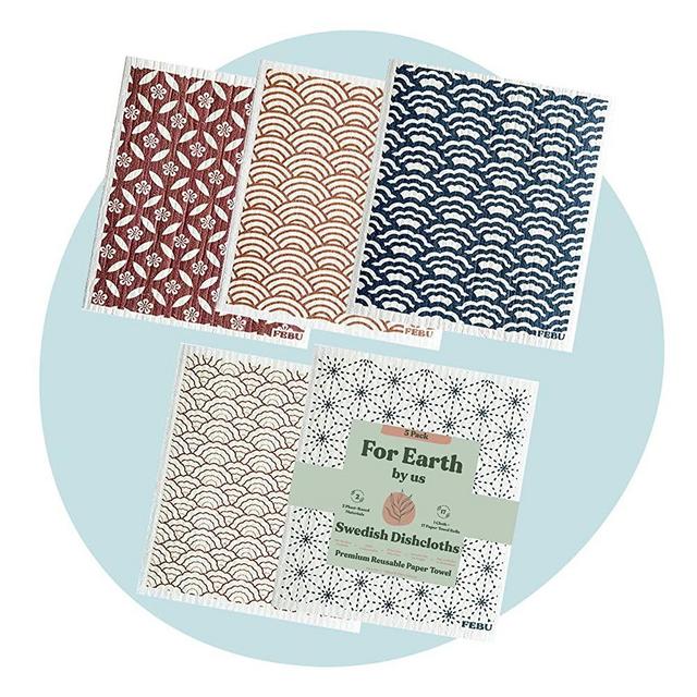 FEBU Swedish Dishcloths for Kitchen | 5 Pack Eastern Swedish Dish Towels | Cellulose Sponge Cloths | Non Scratch Reusable Paper Towels | No Odor, Biodegradable and Reusable Kitchen Dish Rags