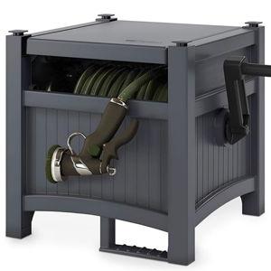 Suncast Garden Hose Hideaway Storage Reel Box, Cyberspace Grey – Resin Outdoor Container, Holds up to 100 Feet of 5/8 Inch Standard Vinyl Water Line – No Assembly Required