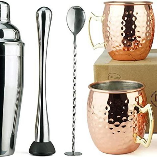PG Bundle #17 - 6PC Cocktail Stainless Steel Shaker Set with Set of 4 Moscow Mule Hammered Cups