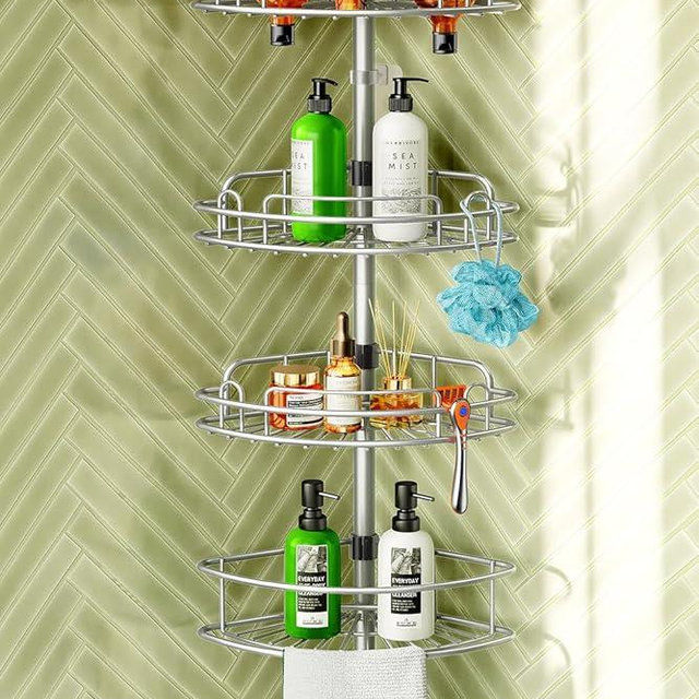 HAMITOR Corner Shower Caddy Tension Pole: 4-Tier Rust-Resistant Adjustable Bathroom Organizer Shelves - 47-121 Inch No-Drill Quick Installation - Space-Saving Storage for Renters Family - Silver Gray